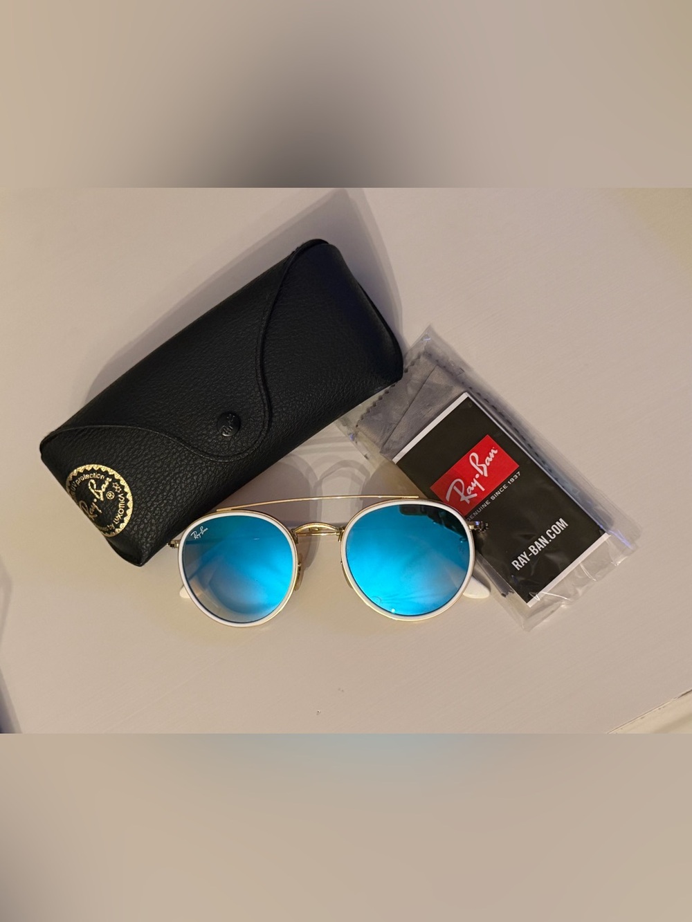 Ray-Ban Round Double Bridge Sunglasses with Blue Flash Lenses
